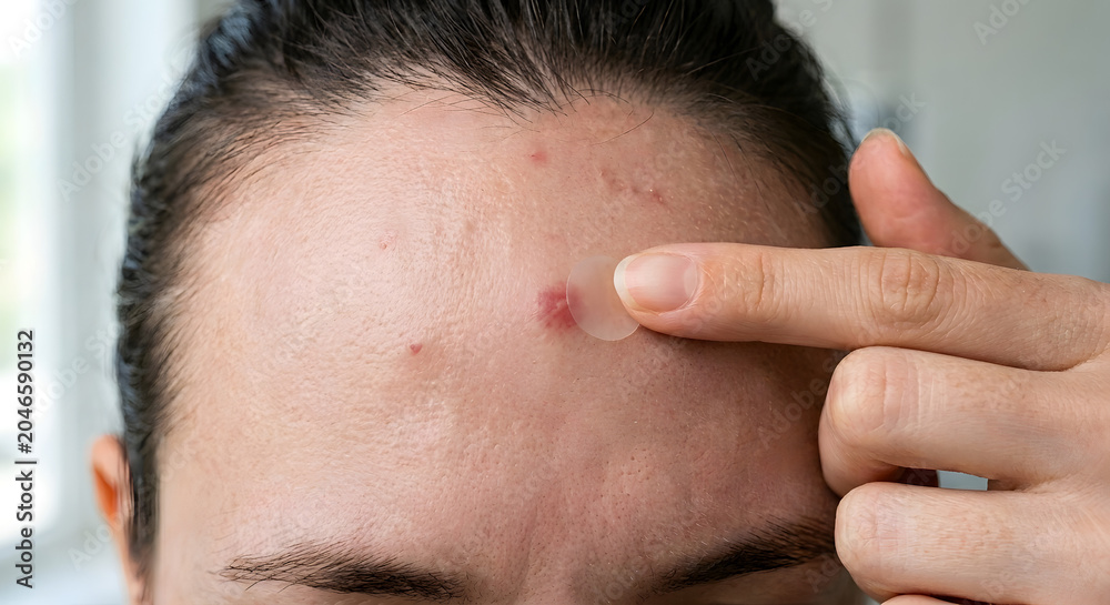 Naklejka premium Close-up of a person applying an acne patch on forehead pimple.