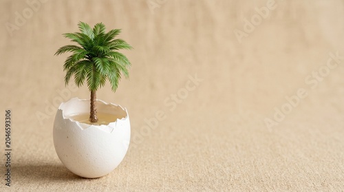 Raw cracked eggshell with miniature tropical palm tree growing inside on bottom left corner with vast clean empty sand colored surface area on the right side for conceptual advertising text