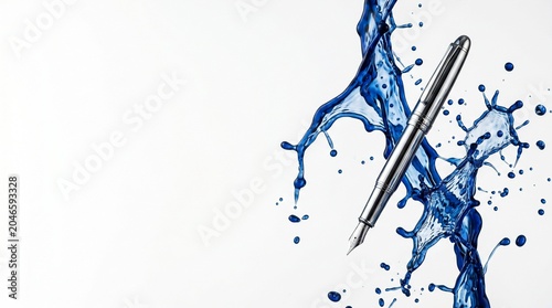 Metal fountain pen and frozen architectural liquid blue ink splashes floating mid air in zero gravity on the right side with solid white minimalist background empty copy space on the left