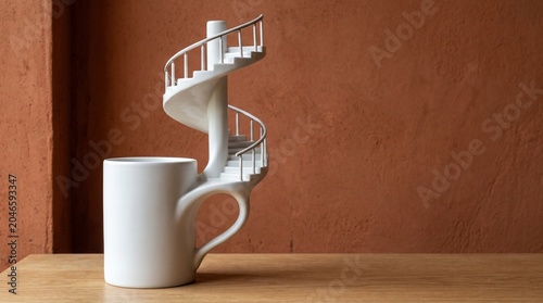 White ceramic coffee mug with handle transitioning into sleek spiral staircase architecture on the left third with wide open empty clean solid terracotta clay background layout text space on right