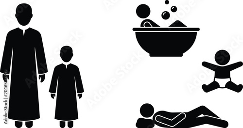 Fotografi Human Activity and Lifestyle Silhouette Icons Set with Adult Child Bathing Resti