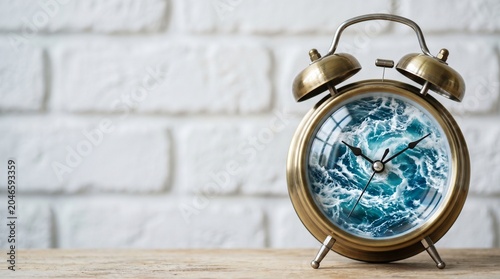 Analog alarm clock with clear glass window showing miniature realistic ocean waves inside on the right with clean empty softly blurred soft white brick wall copy space on the left side for text