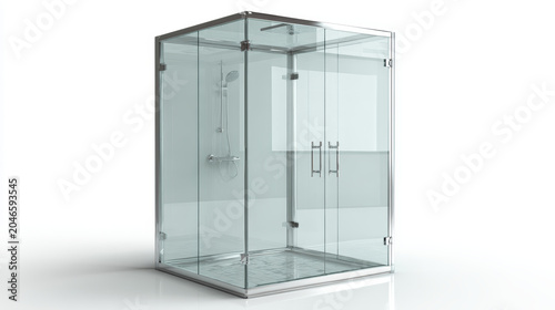 A glass shower cabin isolated on a clean white background, transparent reflections, luxury bathroom style. 