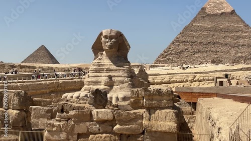 The Great Sphinx of Giza is a sphinx statue located in the Giza pyramids area in Cairo, the capital of Egypt. 