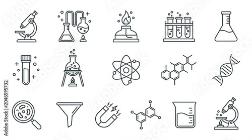 Chemistry laboratory equipment and research line icon set with microscope flask test tube vectors