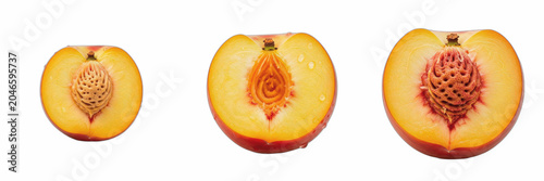 Ripe Juicy Peach Half with Pit Cutout Transparent PNG Clipart Set, Sweet Fresh Summer Fruit Slice Collection, Healthy Organic Food Ingredient Bundle, Grocery Graphic Design Elements Cutout Isolated As