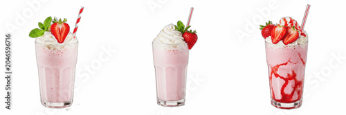 Delicious Strawberry Milkshake Smoothie Drink Transparent PNG Clipart Set, Sweet Cold Dessert Beverage Collection, Cafe Creamy Milkshake Bundle, Food Graphic Design Elements Cutout Isolated Asset