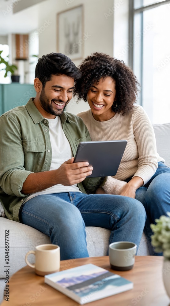 Fototapeta premium Diverse couple planning weekend on sofa