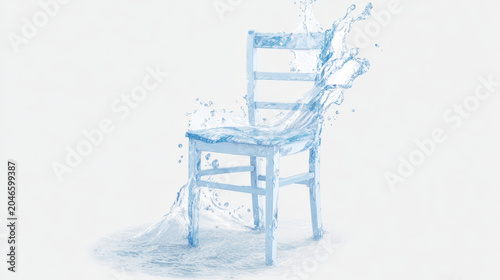 A chair made of water, realistic splash details, white studio background.