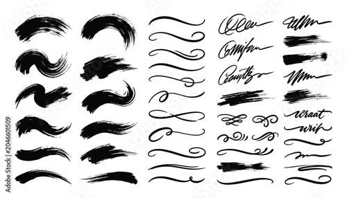 Slika na platnu Collection of diverse black brush stroke flourishes and calligraphic swashes