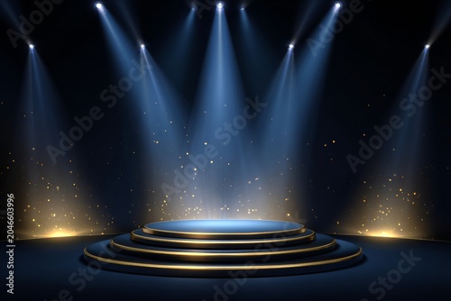 Large Stage With Bright Lights and Circular Podium Create an Elegant Atmosphere for an Award Ceremony or Presentation in Dark Blue and Gold Style