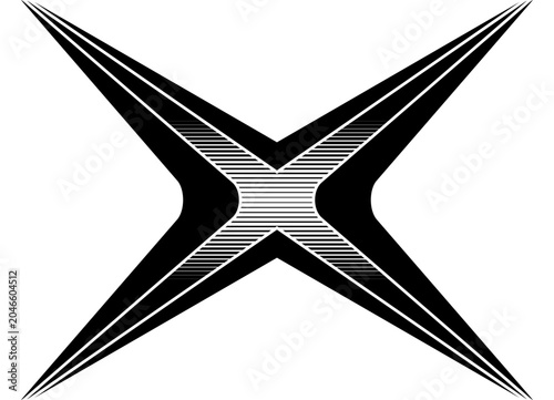 Black and white striped letter X on a white background. Sports pattern. Gaming style. Modern design element for covers, advertising, interior. Decor for car body, boat, sportswear.