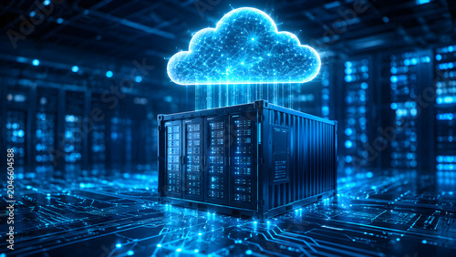 Digital shipping container with neon cloud icon sits on futuristic circuit board. Represents cloud storage data management and tech solutions. Safe data transfer and digital warehouse concept.