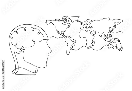 Peace brain concept. Continuous one line drawing of human head with world map inside. Think world.
