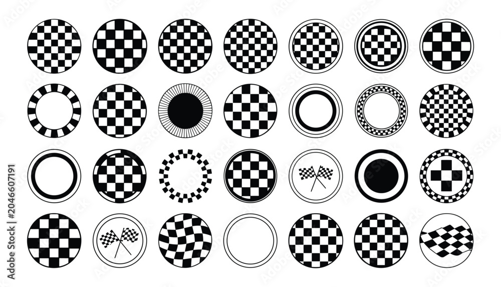 Fototapeta premium Collection of black and white checkered circle designs for racing and branding