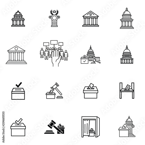 Government election and democratic voting line icon set. Ballot box political building gavel and courthouse vector icons.