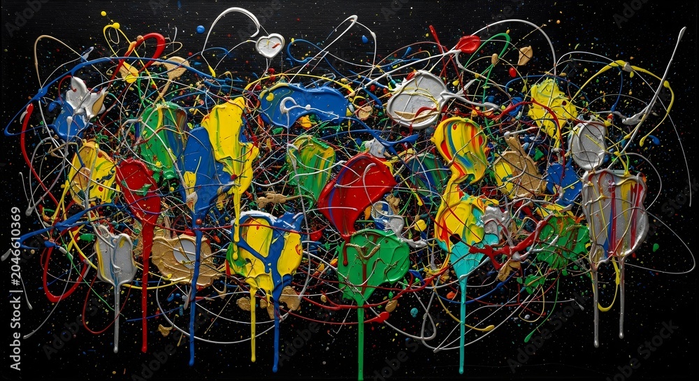 Fototapeta premium Vibrant abstract expressionist painting featuring thick impasto paint strokes with bold primary colors dripping across a dark textured canvas surface