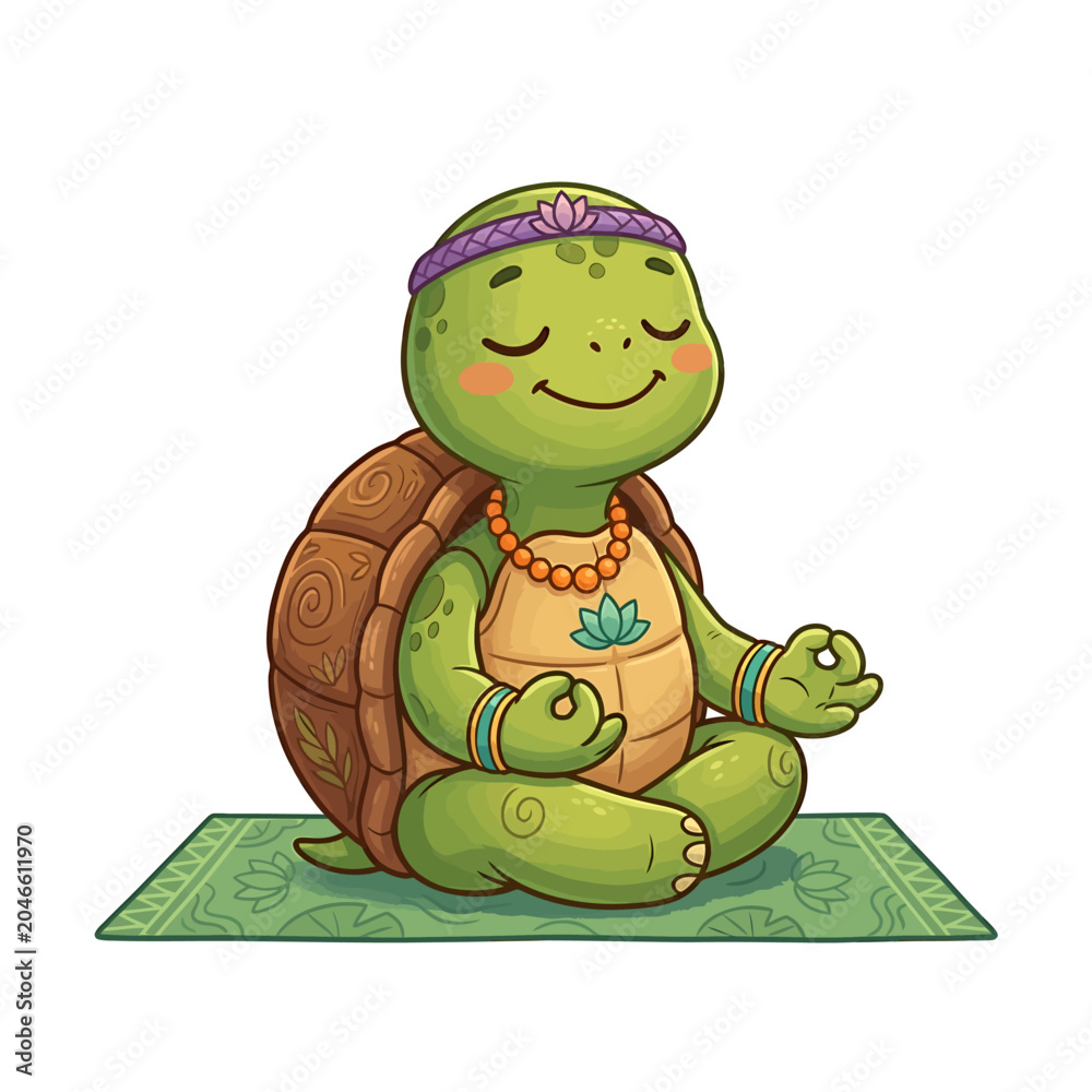 Obraz premium Cute cartoon turtle meditating on a yoga mat