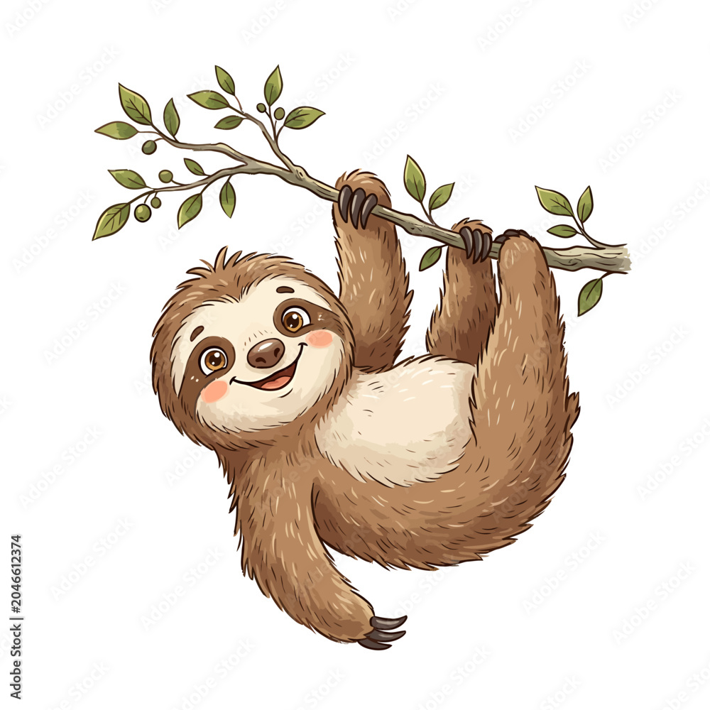 Fototapeta premium Cute cartoon sloth hanging from a tree branch