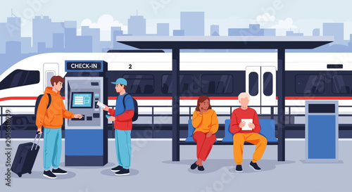 Foto People waiting at train station with check-in machine, urban travel concept