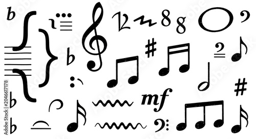 Canvastavla Music notes and symbols, black on white background, music concept