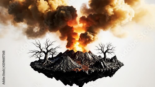 Floating volcanic island erupting with smoke and fire on white background for dramatic cinematic content