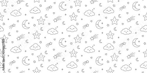 Foto Cute night sky seamless pattern with sleeping moon, smiling stars and ZZZ clouds