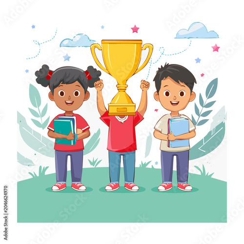 Children celebrating victory with a golden trophy