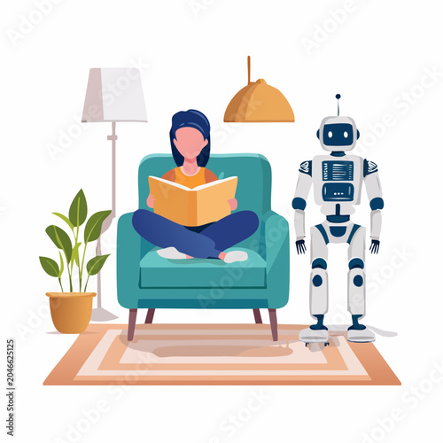 Person Reading Book Next to a Robot