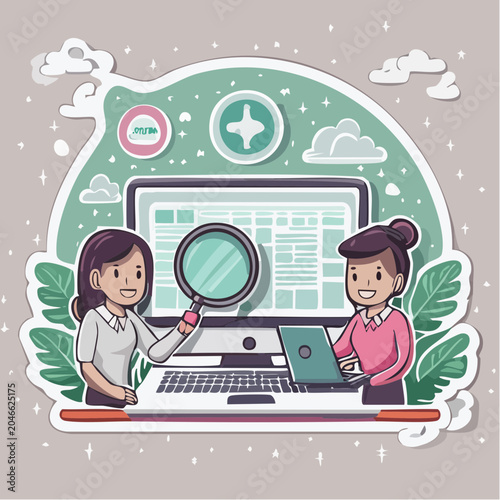 Two women collaborating on a computer with a magnifying glass