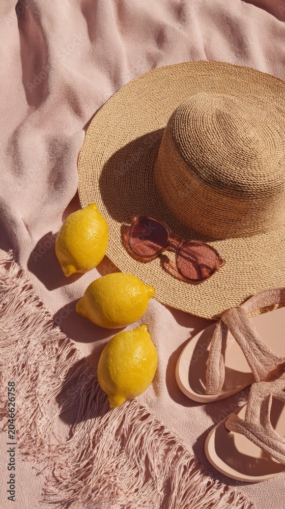 Obraz premium Straw hat rests beside sunglasses and lemons on pink blanket. Sunlight highlights textures and warm tones. Scene evokes summer relaxation, beachside vibes, or vacation moments