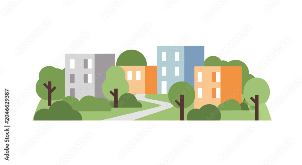 Fototapeta premium Flat illustration of modern apartment buildings surrounded by green trees and park path