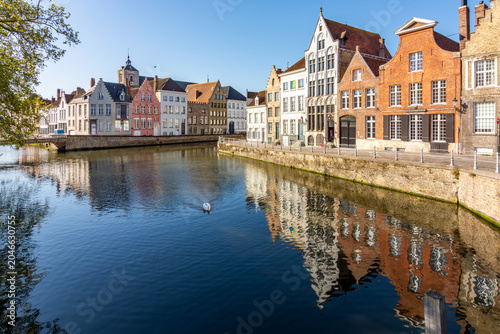 Medieval architecture along Spiegelrei canal in Brugge, Belgium