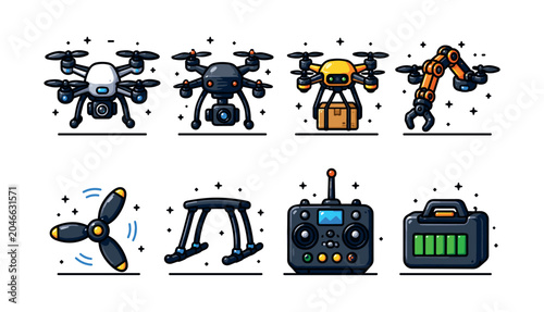 Collection of drone technology and accessories in a flat cartoon style