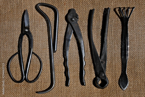 Small selection of Bonsai tools; shears for trimming needles and foliage, root hook, pliers for bending wire, knob cutter, and rake 