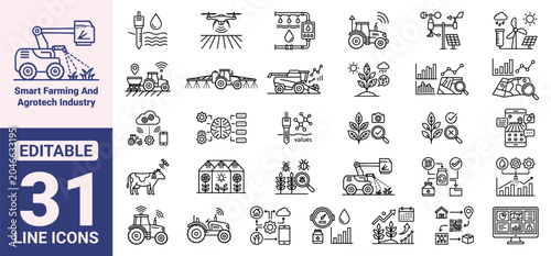 Bild auf Leinwand Smart Farming and Agrotech Industry Thin Line Icon Set