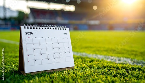 A calendar on a sports field with green grass and white lines