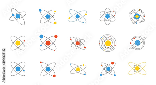 Fényképezés Abstract Atom Icons Set: Science, Chemistry, Physics, Orbit, Particles, Energy