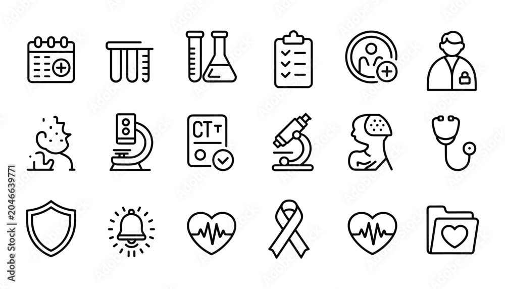 Fototapeta premium Medical icons set healthcare research and wellness line art collection