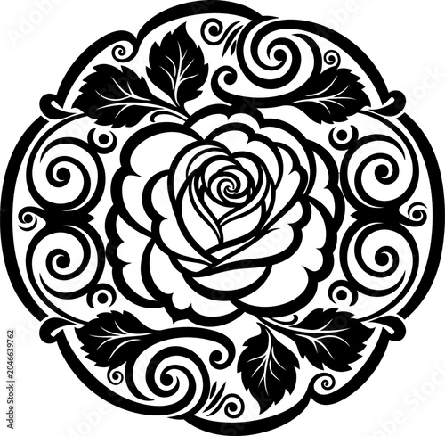 Ornate Rose Mandala with Swirls and Leaves in a Circular Frame Isolated on white background