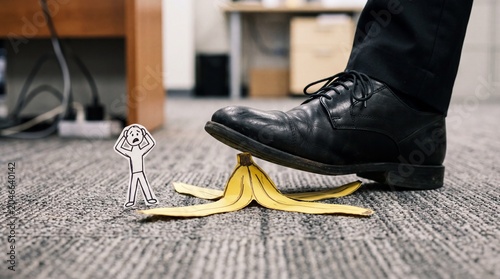 A panicked paper figure watches helplessly as a black dress shoe is about to step on a banana peel. It humorously portrays impending disaster and sudden workplace accidents.