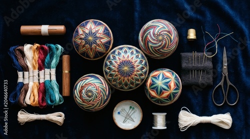 Collection of Japanese temari balls and sewing supplies arranged on dark blue fabric
