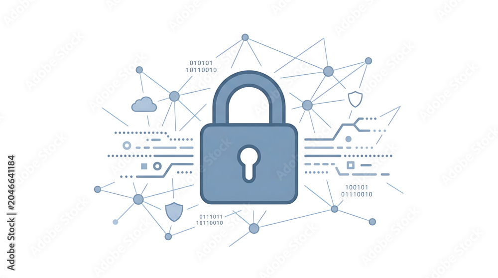 Obraz premium A blue padlock icon surrounded by network connections and security symbols in a flat, minimalist vector graphic design