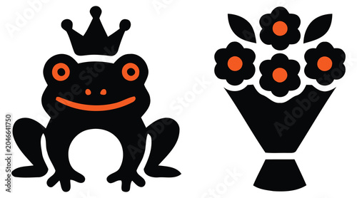 Bilde på lerret Black Silhouette Of A Crowned Frog And A Bouquet Of Flowers On A White Backgroun