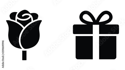 Canvastavla Black Silhouette Icons Of A Rose And A Gift Box On A White Background anniversar