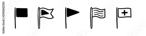 Set of hand-drawn minimalist flag icons in black and white. Simple doodle-style vector illustrations featuring various banner shapes, including solid, wavy, and patterned designs.