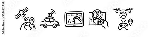 Photos Hand-drawn navigation and technology icon set featuring satellite tracking, autonomous car, GPS tablet, map search, and remote-controlled drone in a minimalist doodle style