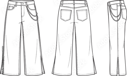 Women's wide-leg denim jeans technical vector drawing, fashion apparel flat sketch template with front, back, and side view details.