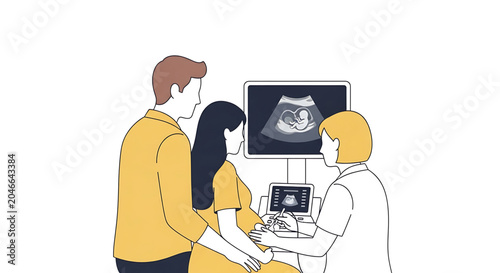 A doctor performing an ultrasound scan on a pregnant woman with her partner by her side