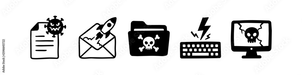 Obraz premium Hand-drawn collection of cyber security and computer error icons. Includes malware, virus, hacking, data breach, and system crash symbols in a minimalist doodle style.